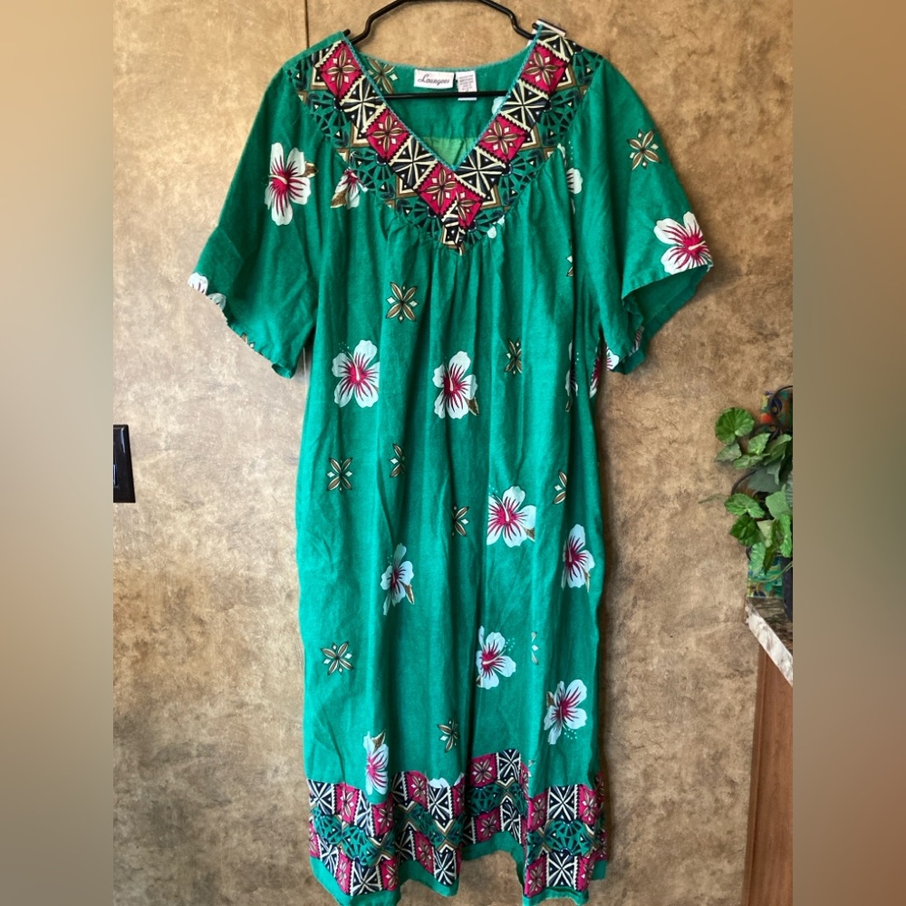 Loungees 100% Cotton Lounge Dress Gown Green Hibiscus Tropical Beach Dress 1X